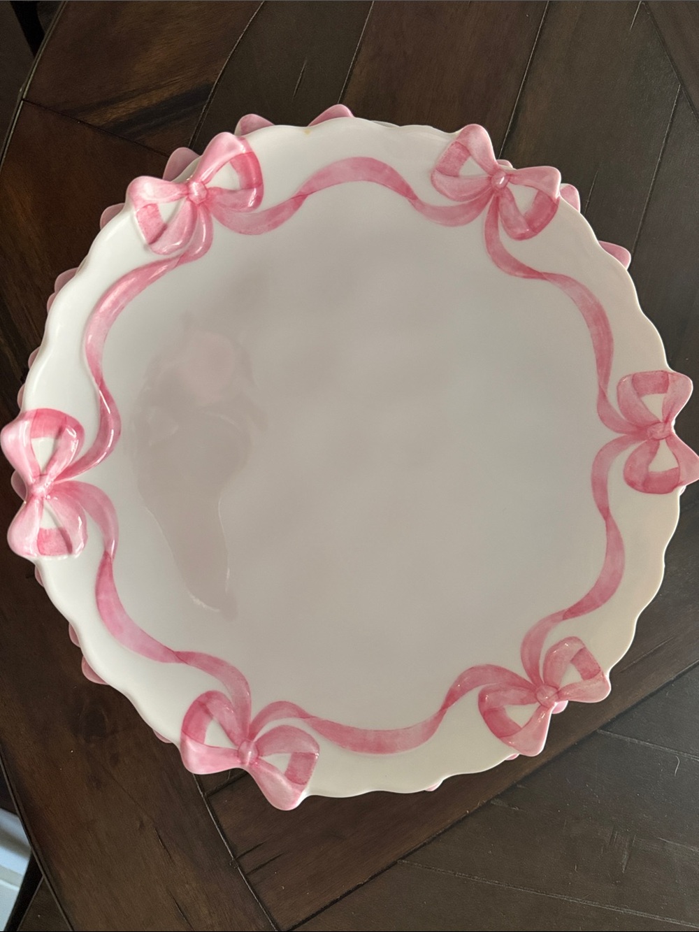 Crate&Barrel White Ceramic Platter with Pink Ribbon Bow Accent